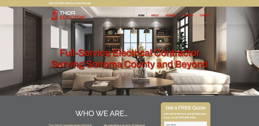 A modern living room with neutral tones is shown on a website for Thor Electric, an example of the best electrician websites, featuring the slogan: “Full-Service Electrical Contractor Serving Sonoma County and Beyond” in large red text over the image.