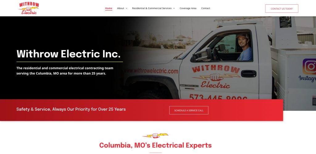 A person smiles from the driver’s seat of a Withrow Electric Inc. truck, with the company logo visible on the door—a great example for those seeking inspiration for the best electrician websites. The website header and navigation bar appear at the top of the image.