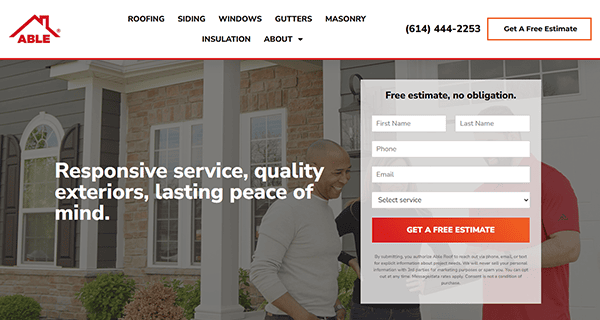Discover one of the best roofing websites, where you can easily request a free estimate. The homepage showcases two people conversing in front of a house, while essential contact details are prominently displayed at the top for your convenience.