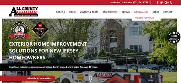 Explore the All County Exteriors website, featuring top-notch exterior home improvement services. Discover our best roofing solutions alongside a striking house image and detailed service information, all designed to enhance your home's curb appeal.