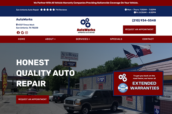 Screenshot of the AutoWorks auto repair website showcasing their building, Texas flag, contact info, business hours, and options to request an appointment or view extended warranties—perfect for those seeking the best auto repair services.