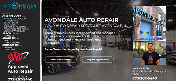 Screenshot of Avondale Auto Repair's website, a great example of effective auto repair websites, showing contact info, services offered, business details, and a photo of the repair shop and its exterior signage.
