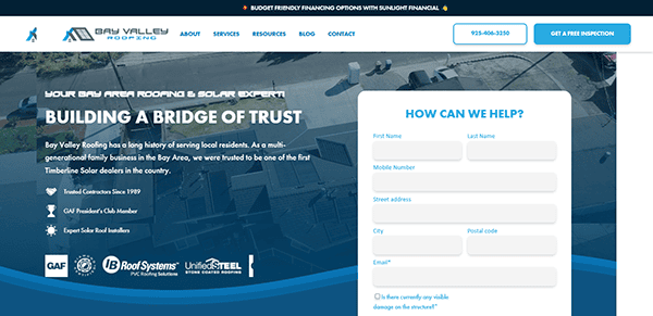 Bay Valley Roofing's homepage, one of the best roofing websites, features a visible contact inquiry form on the right. The header promises "Building a Bridge of Trust," with detailed service information provided to enhance your roofing SEO efforts.