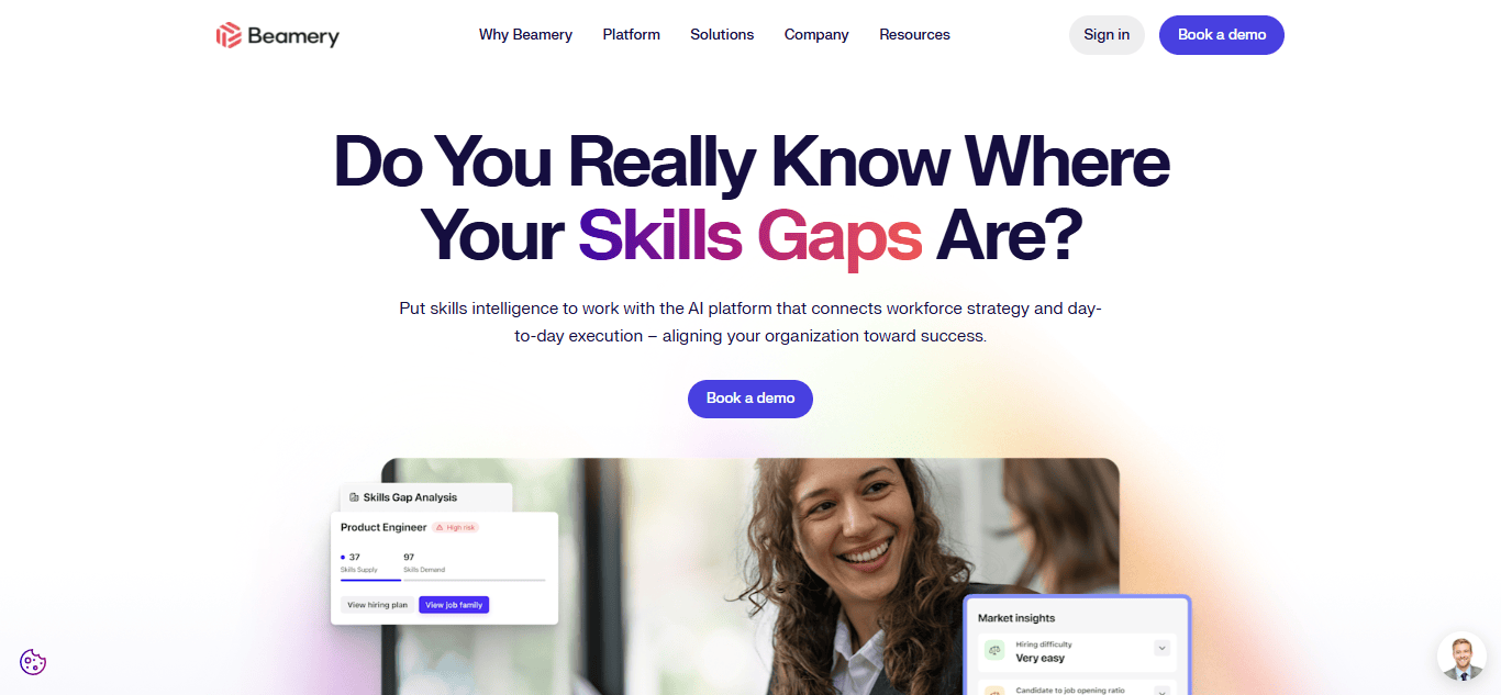 The homepage of our website features a banner inquiring about skills gaps, alongside a "Book a demo" button. A smiling person amidst skill insights graphics illustrates why we’re among the best recruiters' websites, bridging gaps with expertise and innovation.