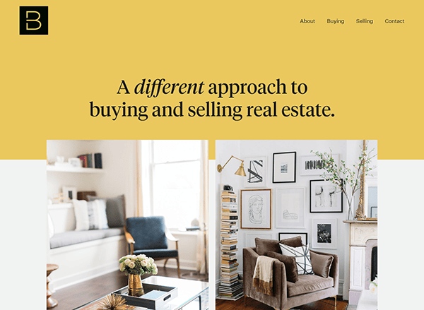 Welcome to our real estate website, featuring a vibrant yellow header with the message "A different approach to buying and selling real estate." Discover the best real estate insights as you explore an image of a stylishly decorated living room.