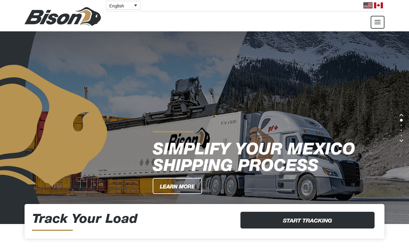 Bison company website homepage showcasing a truck and shipping container, with the text "Simplify Your Mexico Shipping Process." Explore one of the best transportation websites to track loads or learn more.