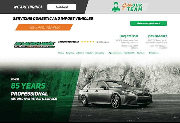 Homepage of one of the best auto repair shops, featuring a sleek black Lexus, contact details, service offerings, and a banner inviting job applicants—discover the standard set by leading auto repair websites.