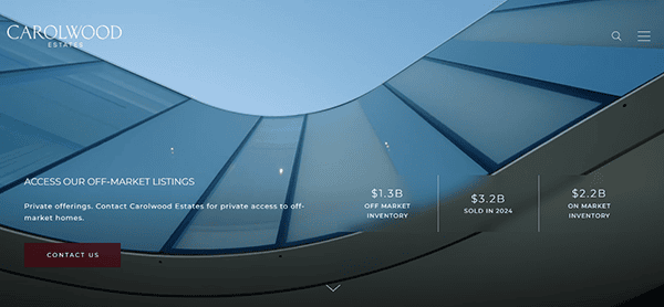 Curved glass roof seen from below against a blue sky, with Carolwood Estates branding and real estate statistics displayed on one of the best real estate websites.