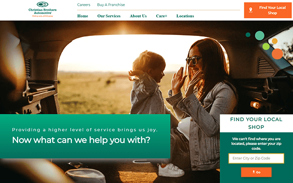 A woman and child sit in the back of a car, smiling and playing together. Website text highlights Auto Repair services and features a search tool to find a local shop—discover trusted Auto Repair Websites near you.