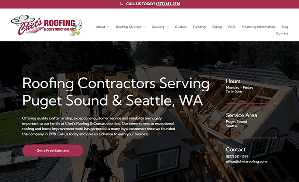 Screenshot of one of the best roofing websites, featuring a logo, navigation menu, contact info, and a background image of roof construction. Text highlights services in Puget Sound & Seattle, WA.
