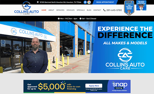 Screenshot of Collins Auto Care website, a standout among the Best Auto Repair Websites, featuring a man outside an auto repair shop with blue service bays and eye-catching promotional banners for services and financing.
