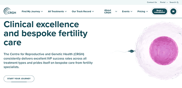 Website screenshot featuring text on fertility care. An illustration shows a sperm cell nearing an egg on the right. Navigation links and logo adorn the top, exemplifying one of the best healthcare websites in the industry.
