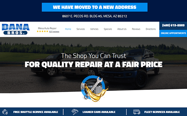 Screenshot of Dana Bros. auto repair website shows shop name, new Mesa address, contact info, service links, and a banner stating "For Quality Repair at a Fair Price," reflecting what makes the best auto repair websites stand out.