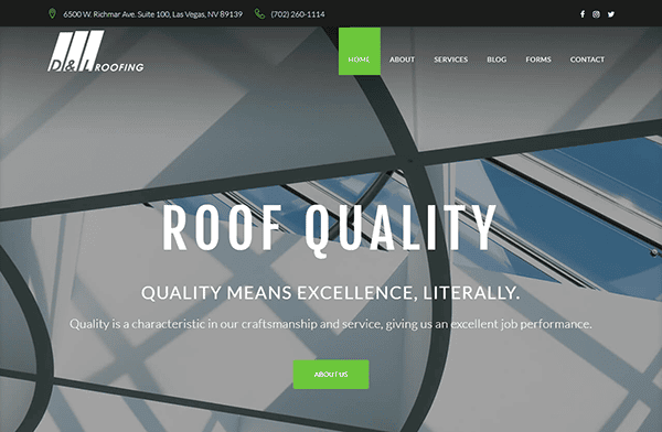 Welcome to the D&L Roofing homepage, one of the best roofing websites featuring seamless navigation with menu options and our tagline "Roof Quality." Explore our stunning glass roof image, roofing SEO optimized content, and easily accessible contact details at the top.