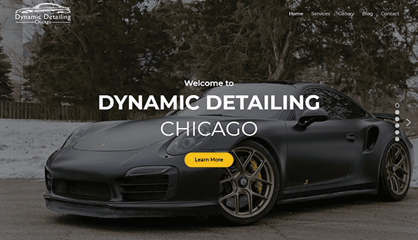 A matte black sports car is parked outdoors in front of trees; overlay text reads "Dynamic Detailing Chicago," highlighting expertise in auto repair, with a yellow "Learn More" button.