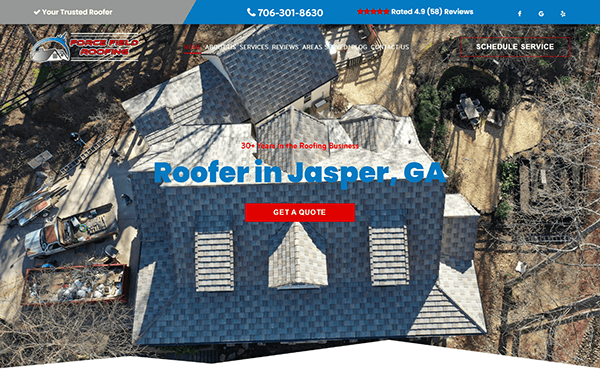 Aerial view of a house with new roofing in Jasper, GA. Text overlay: "Roofer in Jasper, GA" and a "Get a Quote" button. Discover one of the best roofing websites now. Company name and contact info are at the top.