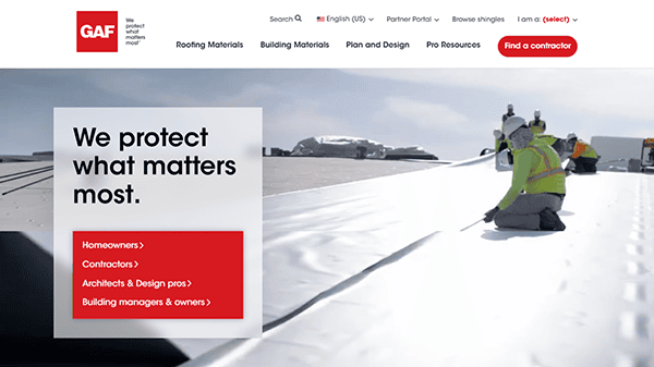 Workers install roofing material on a flat roof, showcasing the precision and skill that make for top-notch results. The GAF logo and menu options are visible on the left, exemplifying what you'd expect from one of the best roofing websites in the industry.