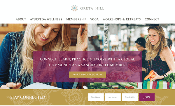 Screenshot of a wellness website homepage featuring women, a navigation menu, and a call-to-action for a 7-day free trial membership—perfect inspiration for health websites focused on empowering well-being.