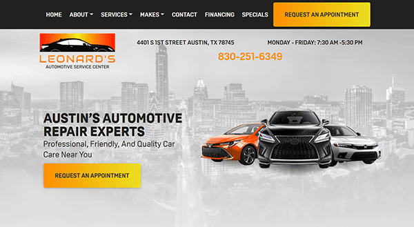 Website homepage for Leonard's Automotive Service Center, featuring three cars, contact details, business hours, and appointment requests—designed to stand out among the best auto repair websites.