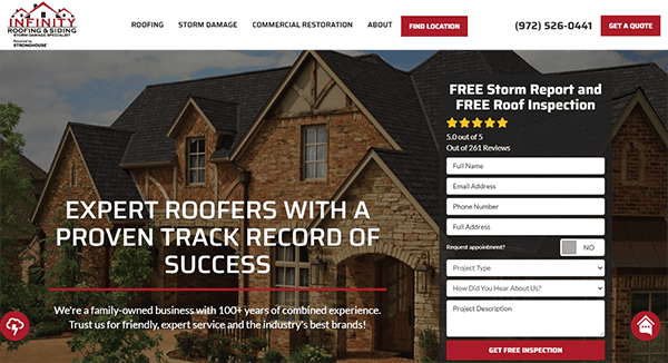 Website screenshot for a top-tier roofing business offering free inspections and reports. Highlighting expertise and customer satisfaction, this best roofing website includes a user-friendly form and essential contact information.