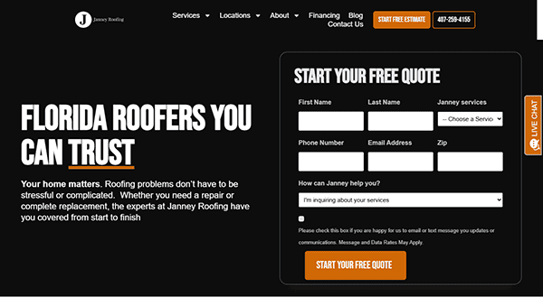 Screenshot of a roofing company's homepage. Text reads "Florida Roofers You Can Trust," highlighting their expertise in roofing SEO. A form for a free quote, live chat, contact details, and a prominent "Start Free Estimate" button make theirs one of the best roofing websites around.