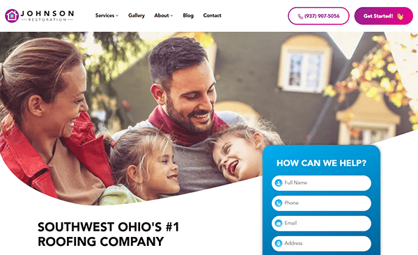 A family smiles together outdoors, set against the backdrop of a user-friendly contact form on one of the best roofing websites around.