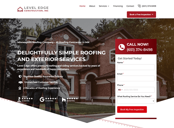 Discover Level Edge Construction's homepage, one of the best roofing websites, where you'll find comprehensive roofing and exterior services. Get in touch effortlessly through our contact form or call button for a free inspection.