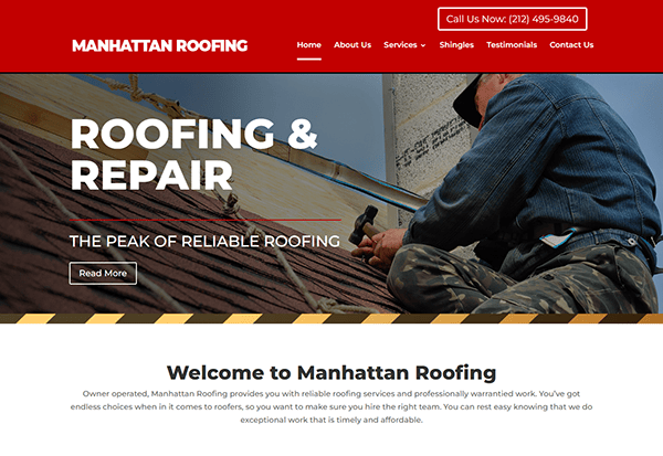 Explore our Manhattan Roofing website, one of the best roofing websites, showcasing a range of services, from roofing to repairs. Discover images of stunning roofing work, learn about our company through testimonials, and reach out via our call-to-action phone number.