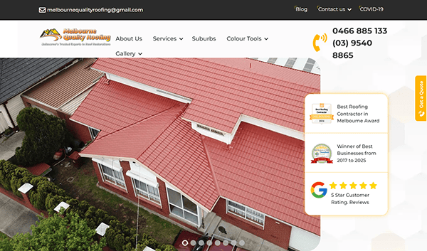 An aerial view of a red-roofed house graces one of the best roofing websites, showcasing contact numbers, awards, and a 5-star customer rating badge.