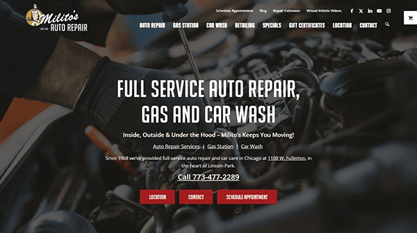 Homepage of Milito's Auto Repair website showing a mechanic working on a car engine, with text showcasing full-service auto repair, gas, and car wash—setting the standard for the best auto repair websites. Contact details are also provided.