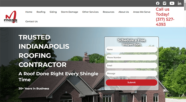 Explore the best roofing services in Indianapolis on our revamped website. Featuring a striking image of a house, you can easily schedule a free inspection through our user-friendly form. Our contact number is prominently displayed for your convenience. Discover why we're top-rated in roofing SEO.