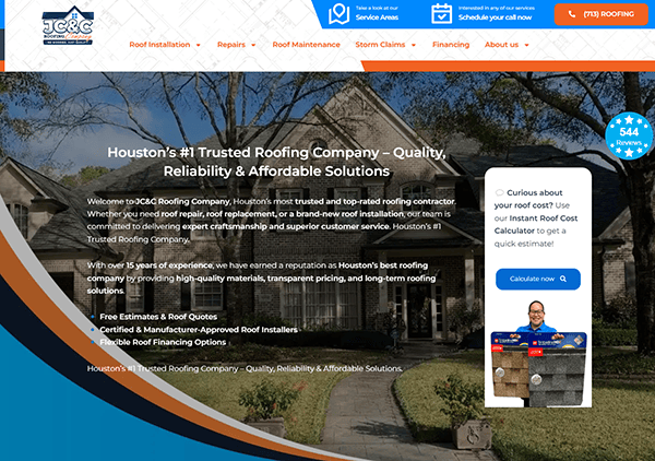 A roofing company's website homepage highlighting services, contact information, and customer ratings. Discover why it's renowned among the best roofing websites for providing top-notch solutions and maintaining high customer satisfaction.