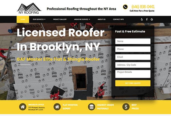 Discover the homepage of NY Roofing, one of the best roofing websites showcasing top-notch services in Brooklyn, NY. Explore our contact form for estimates, find detailed company location information, and view images of roofing projects in progress.