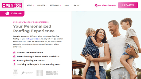 Advertisement displaying a family of four smiling outdoors. Company branding states "OpenBox Roofing: Your Personalized Roofing Experience." Visit one of the best roofing websites for service features and contact details.