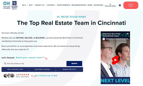 Screenshot of a leading real estate website, showcasing "The Best Real Estate Team in Cincinnati." Features a search bar for location, customer review rating, and a video thumbnail with a play button.