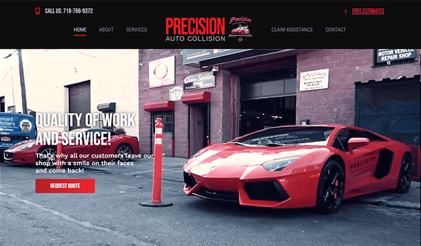A red sports car is parked in front of an auto body shop with a sign reading "Precision Auto Collision," showcasing one of the best auto repair locations featured on leading auto repair websites. The brick exterior displays various signs and banners.