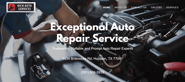 A mechanic’s hand working on a car engine, with text promoting Rich Auto Services’ auto repair services and address in Houston, TX—showcasing why they stand out among the best auto repair websites. Call now for expert service!.