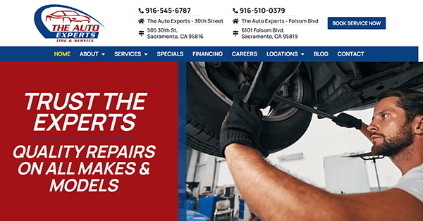 A mechanic works under a raised car in an auto repair shop. The banner reads, "Trust the Experts. Quality repairs on all makes & models." Shop contact info is visible—discover how top auto repair websites showcase trusted service like this.