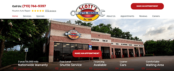 Front view of Scott’s Auto Repair shop with a brick exterior, prominent signage, and service offerings listed below. Discover why we're known as the best auto repair shop in town—warranty, shuttle, financing, loaner cars, and waiting area available.