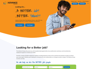 A landing page for a job search website featuring the top 20 staffing websites.