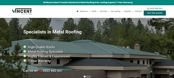 Screenshot of one of the best roofing websites, showcasing a building with sleek metal roofing. Features listed include high quality, specialist services, experienced staff, and a 7-year warranty. Contact number provided for this top-notch roofing service.