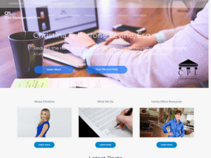 A website design with a woman working on a laptop.