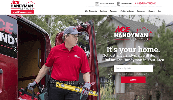 A handyman in uniform exits a red ACE Handyman Services van carrying tools, while a website banner highlights top handyman services and features a zip code search box, showcasing one of the best handyman websites for your home needs.