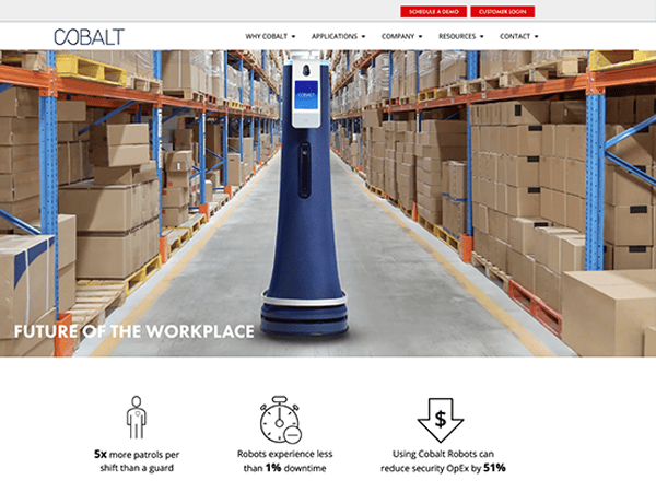 A robot in a warehouse with the words cobalt fight of the workplace.