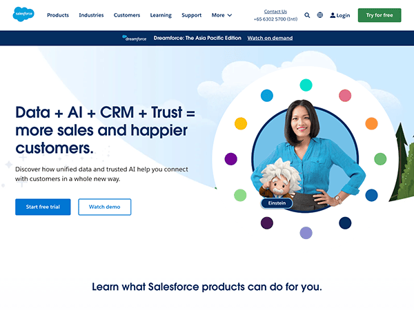 A salesforce website with a woman in a blue shirt.