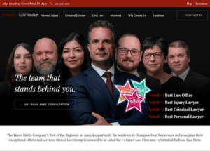 A website with a group of people standing in front of a red background.