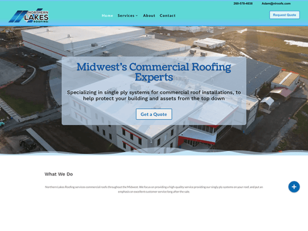 A website design for Northern Lakes roofing experts specializing in commercial roofing in the Midwest.