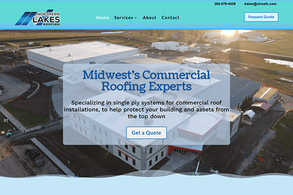 Aerial view of a commercial building with text overlay: Midwests Commercial Roofing Experts. The Northern Lakes Roofing logo is positioned at the top left, seamlessly complementing the navigation menu and contact info set against a vibrant blue sky background.