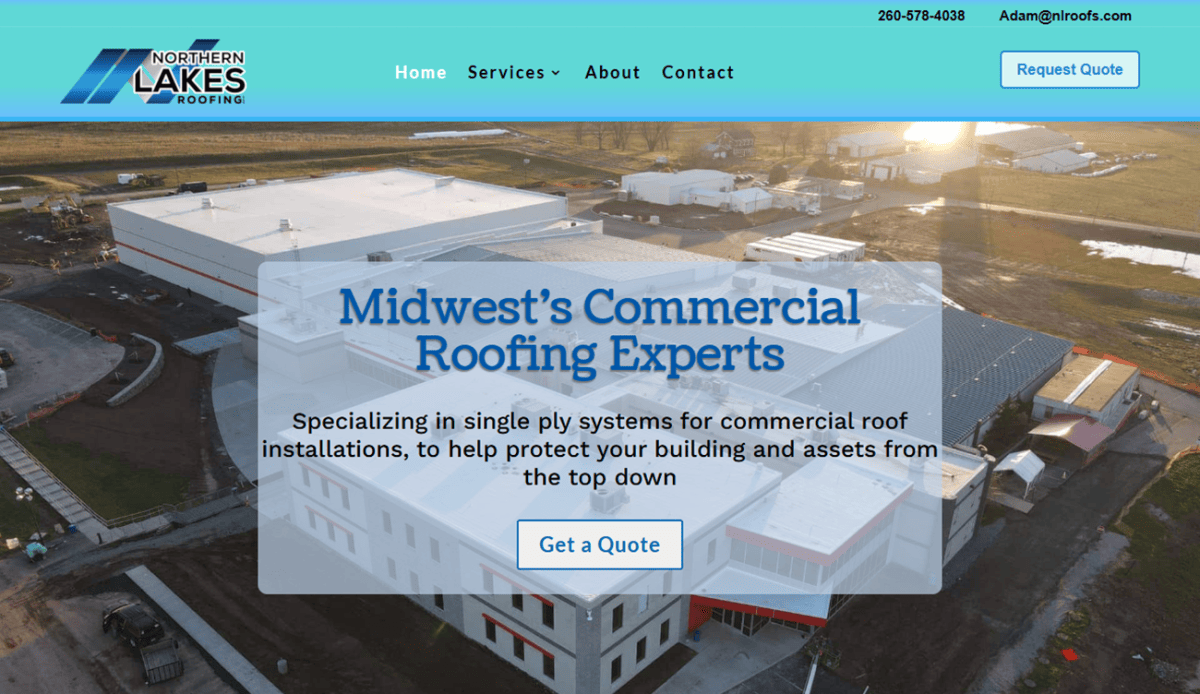 Screenshot of the Northern Lakes Roofing company website with sections on services, mission, team, newsletter signup, contact info, and partner logos over a background of aerial drone photos showing roof work and the company logo at the top.