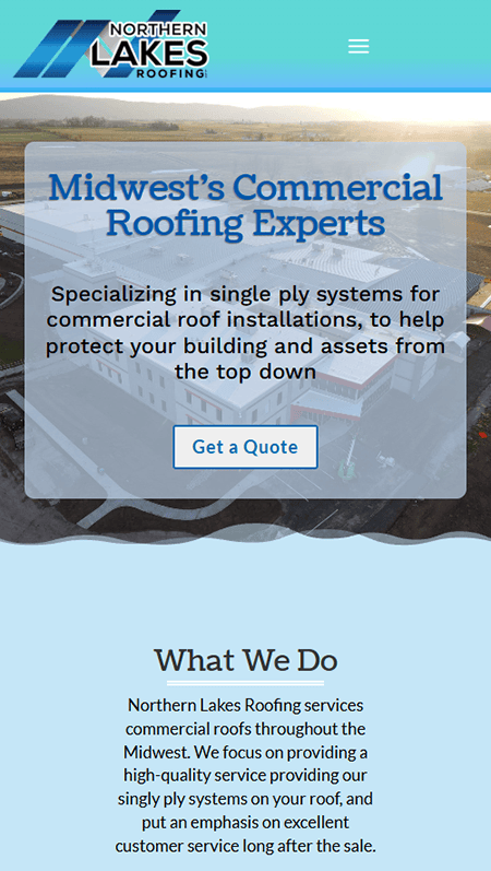 Website for Lakeside Construction Services featuring company info, a detailed overview of services—including specialized solutions with Northern Lakes Roofing—client testimonials, an introduction, contact form, and footer with contact details. The site uses a blue and white color scheme and showcases various images of construction projects.